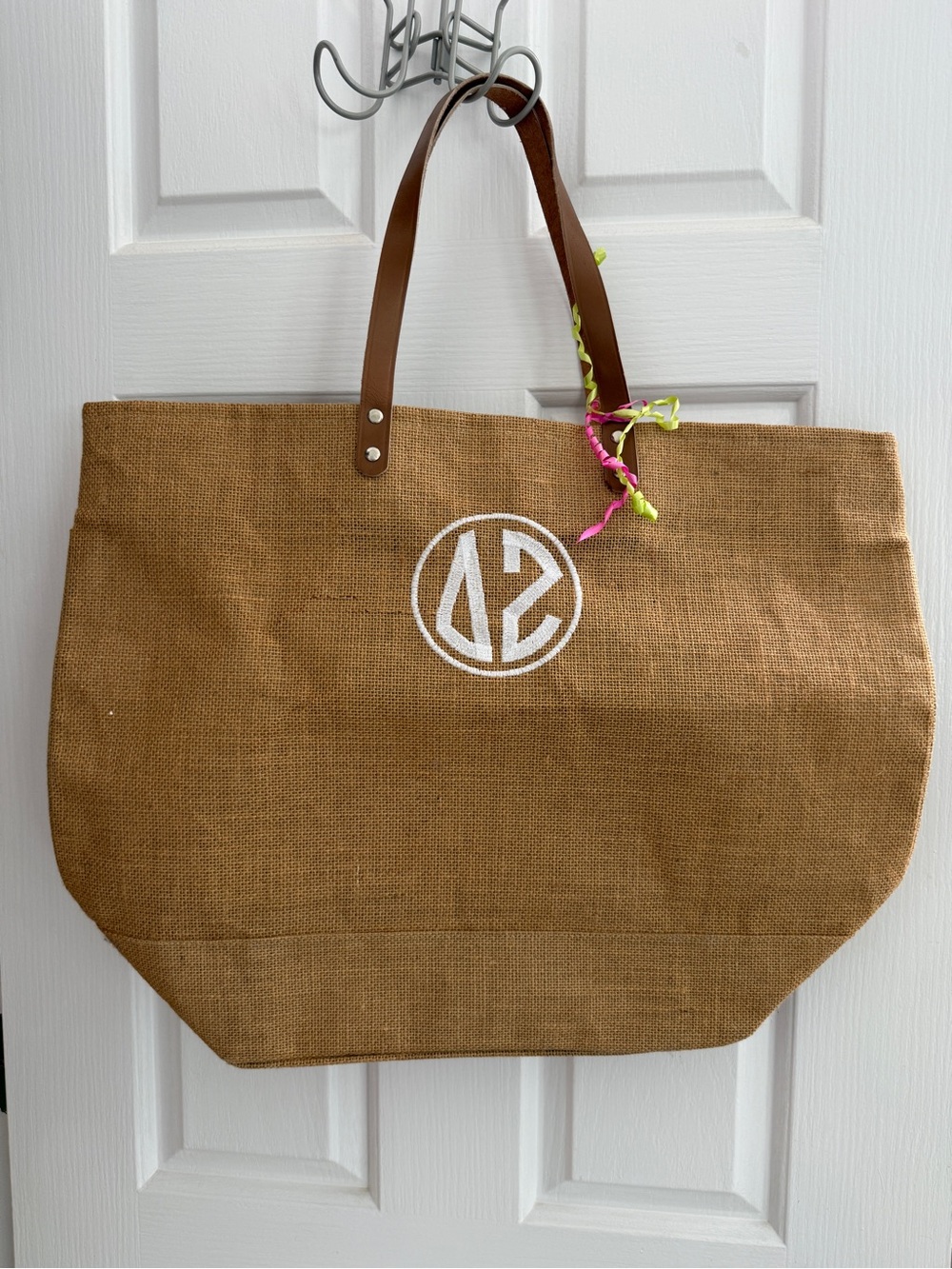 Attn New Delta Zetas!Jute Tote Bag with Brown Leather Handles and White Monogram